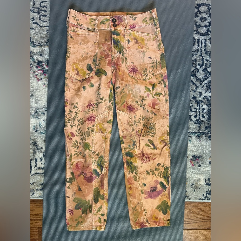 Pilcro Floral Painterly Cargo Pants - Peach Pink Green